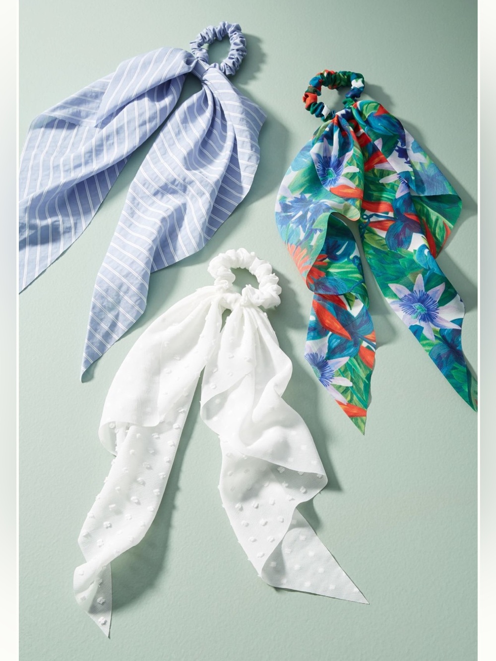 Anthropologie Nantucket Bow Tied Hair Tie Set 3 Scarf Scrunchies Tropical Swiss